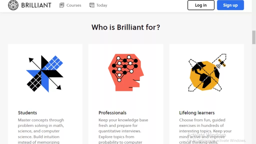 Screenshot of Brilliant.org homepage showcasing a variety of interactive courses and skill assessments in mathematics, physics, and computer science