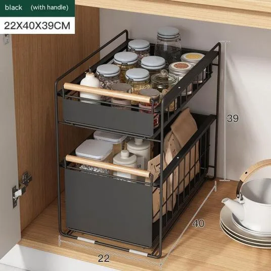 A multi-level cabinet unit beneath the kitchen sink for organized kitchen supplies.