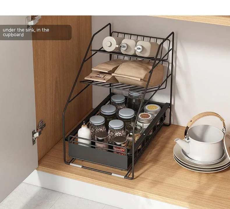 A sink cabinet featuring multiple levels to maximize storage space
